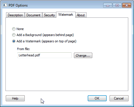 Win2PDF Pro watermark feature window Win2PDF Pro watermark feature window