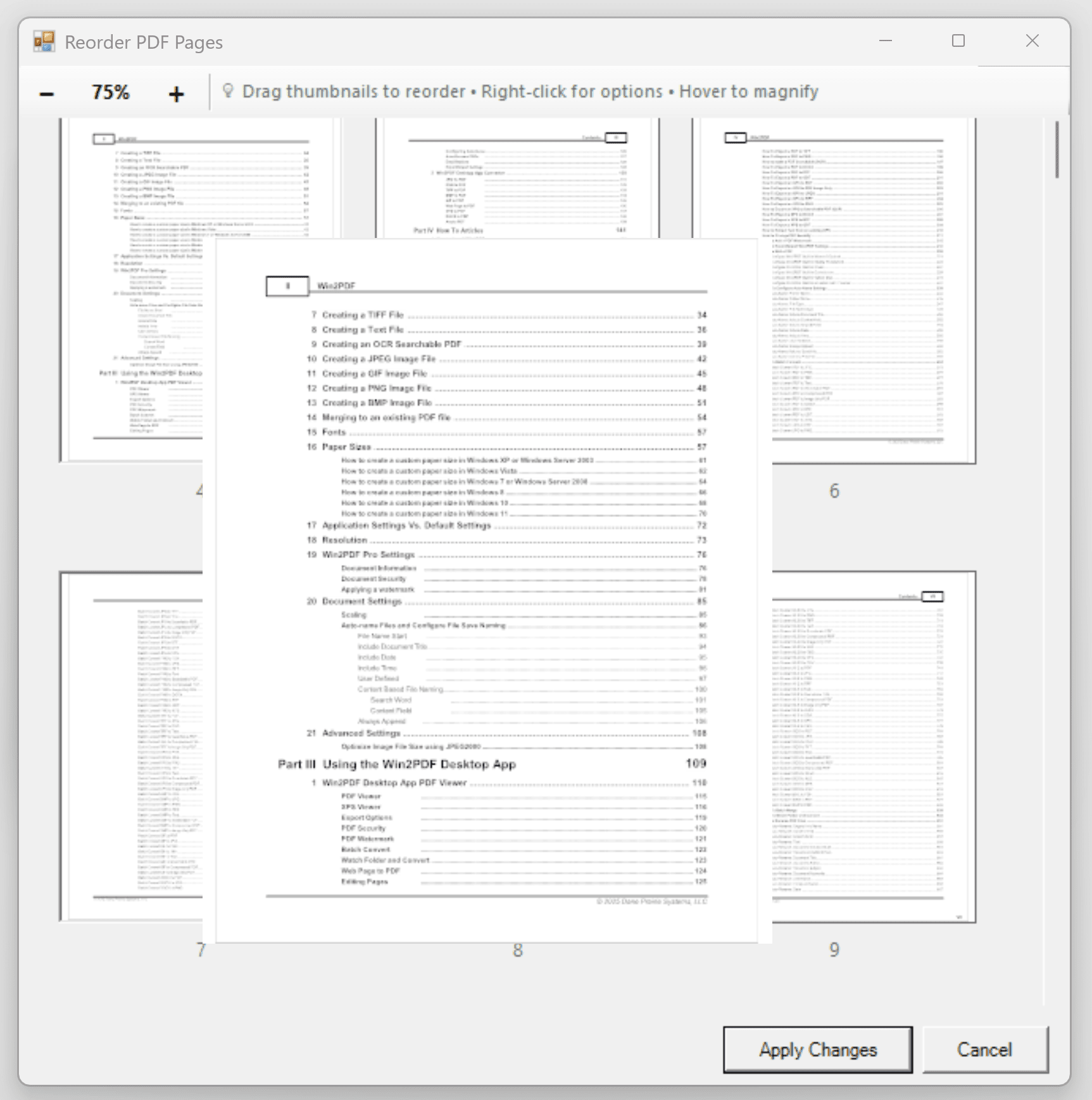 Win2PDF Desktop - Reorder Pages Magnified View