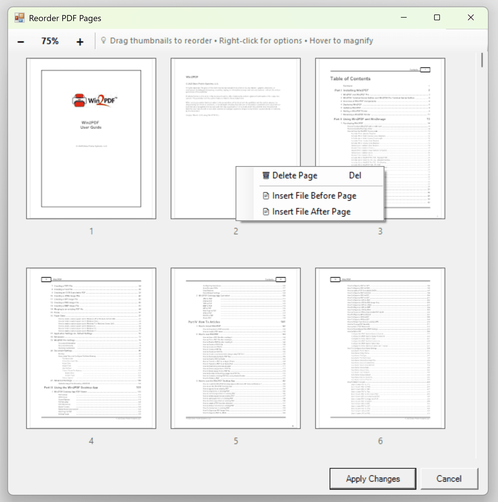Win2PDF Desktop - Reorder Pages Pop-up Menu